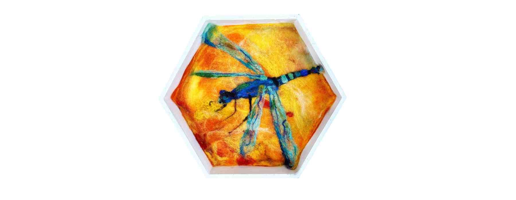 Learn two forms of wool felting to make one beautiful sunset dragonfly artwork